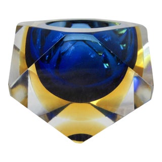 C.1970s Italian Alessandro Mandruzzato, Hand Blown Faceted Murano Cobalt, Amber & Clear For Sale