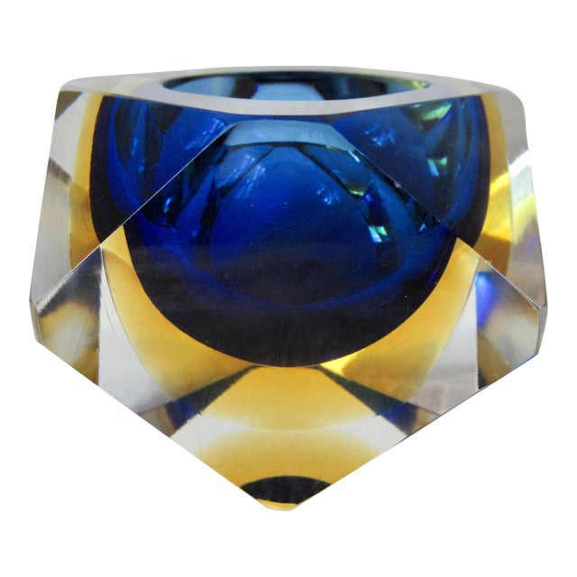 C.1970s Italian Alessandro Mandruzzato, Hand Blown Faceted Murano Cobalt, Amber & Clear For Sale