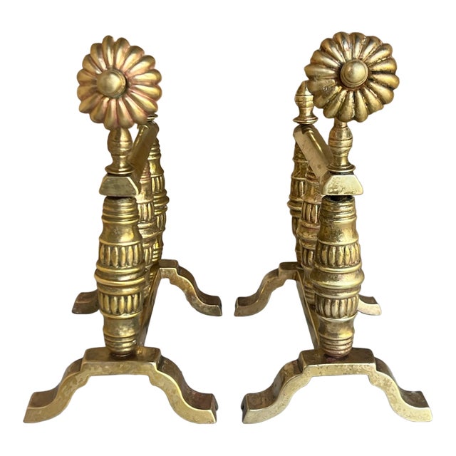 19th Century Brass Aesthetic Flower Form Fireplace Andirons / Tool Rests-a Pair For Sale
