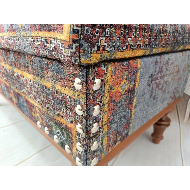 Gray Rug Print Fabric Upholstered Bench With Storage For Sale In Raleigh - Image 6 of 9