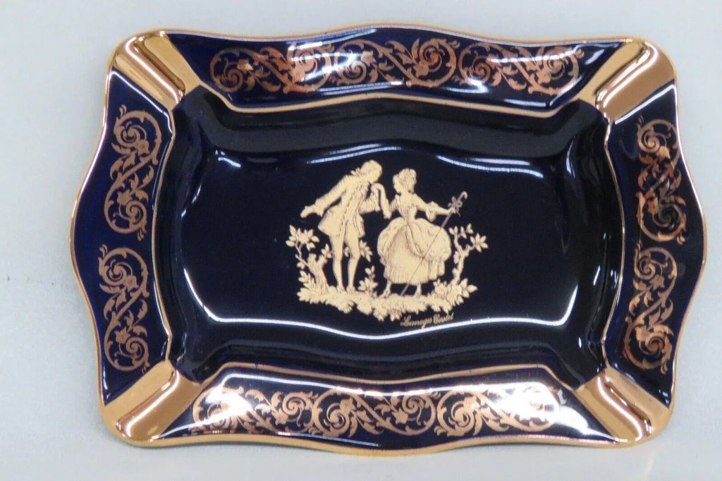 Limoges Castel France Porcelain Cobalt Blue 22k Gold Cameo Ashtray
