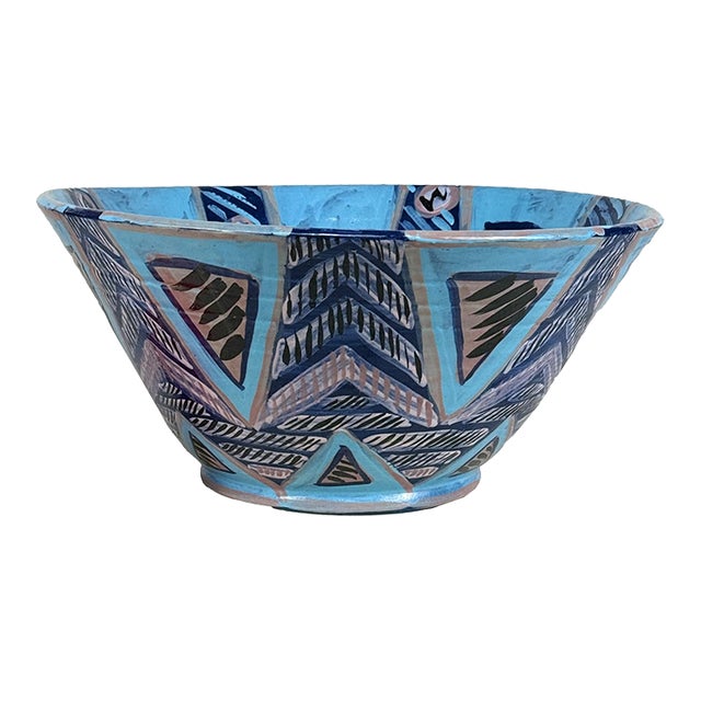 Vintage 16" Abstract Blue Art Pottery Centerpiece Bowl For Sale