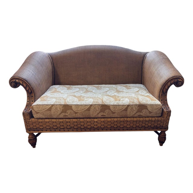 Vintage British Colonial Tommy Bahama Style Woven Rattan Loveseat For Sale
