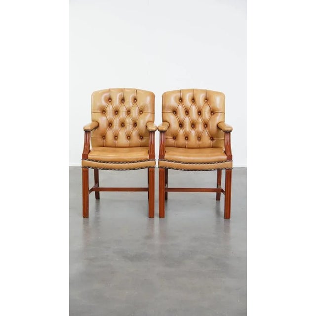 Offered this set of 5 beautiful and luxurious cowhide leather chesterfield dining/meeting chairs in a light cognac color....