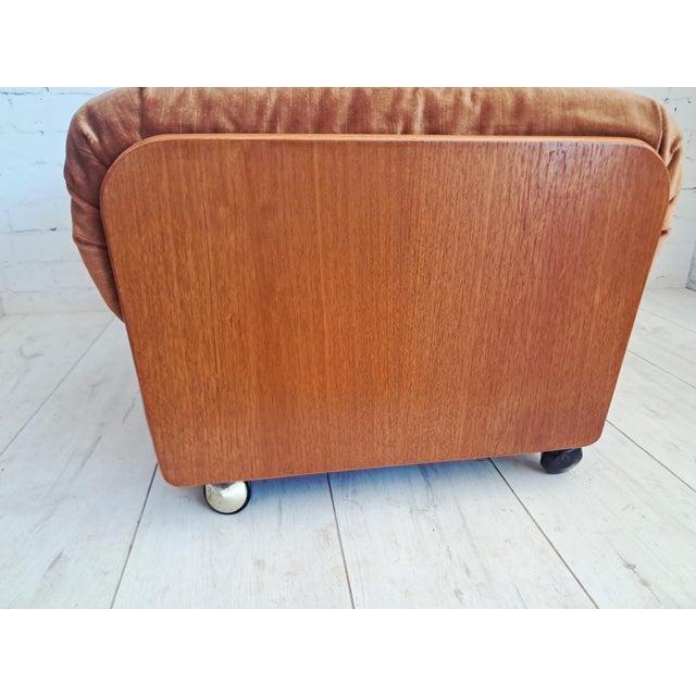 Mid-Century Saddle Ottoman in Teak and Caramel Velour on Castors from G-Plan, 1980s For Sale - Image 9 of 14