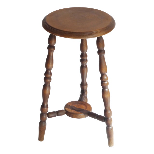 Antique English Round Carved Wooden Bobbin Stool, 1920s For Sale