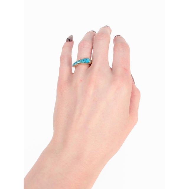 Vintage Modernist 14k Gold & Turquoise Cabochon Cocktail Ring For Sale - Image 4 of 14