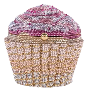 2000s Judith Leiber Strawberry CupCake Crystal Minaudière Evening Bag Pink