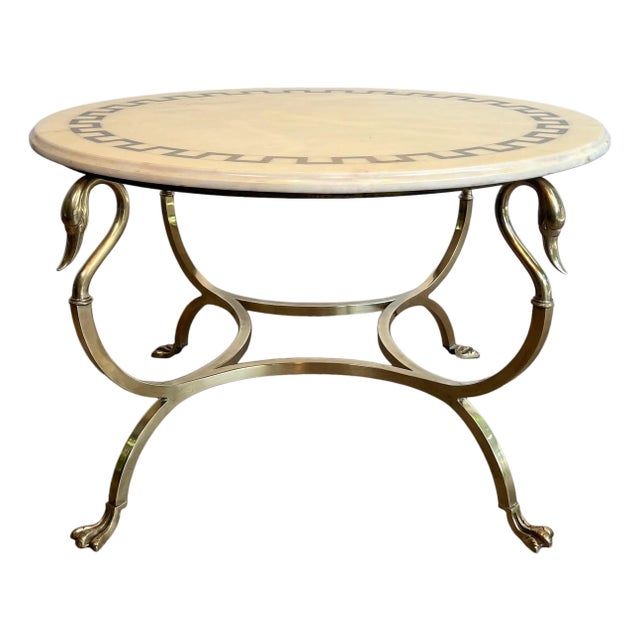 1940s Round brass coffee table with swan heads and feet & Marble Top Attributed to Maison Jansen For Sale