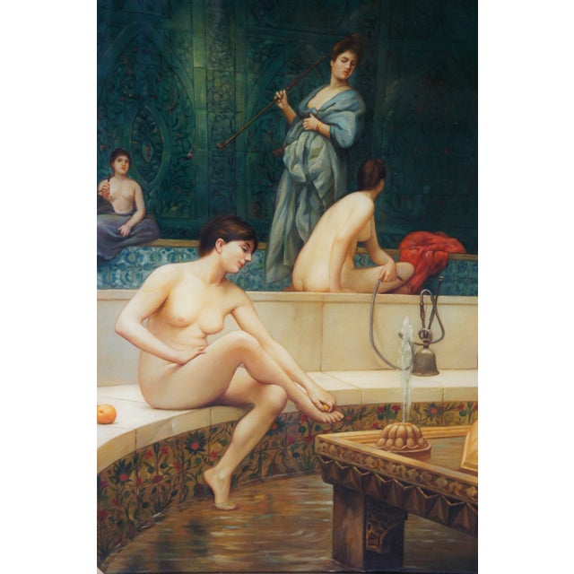 Mid 20th Century Mid 20th Century The Harem Bathhouse Nude Hookah Smoking Oil Painting After Jean Leon Gerome 31" For Sale - Image 5 of 12