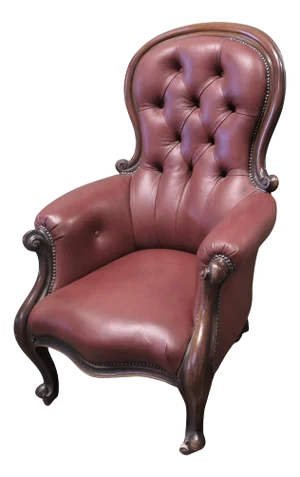 Large Button Back Salon Chair in Burgundy Leather