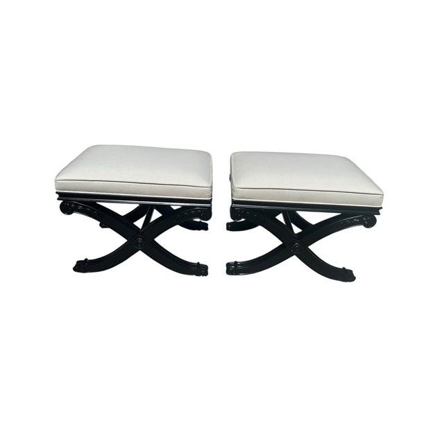 1990s Vintage Ethan Allen X Bench Ottomans Set of 2 Black and White Palm Beach Style For Sale - Image 11 of 12