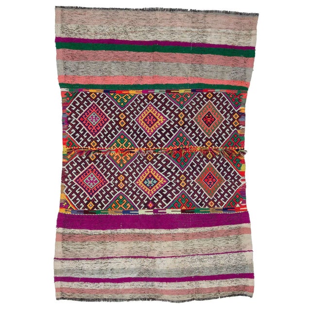 Textile Embroidered Colorful Turkish Kilim Rug- 4′4″ × 6′3″ For Sale - Image 7 of 7