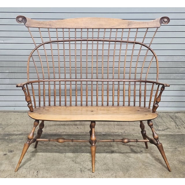 Store Item: Windsor Chair Comb Back Bench W Arms, Tiger Maple, Oak & Maple Made In Ohio by Joe Graham Description:...