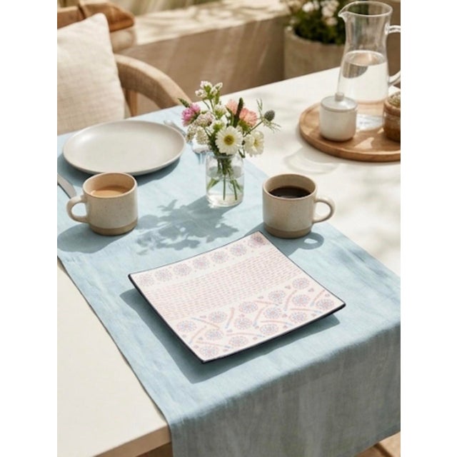 Vintage South African Square Ceramic Serving Platter – Pink & Light Blue Bohemian Dotted Floral Design For Sale - Image 12 of 12