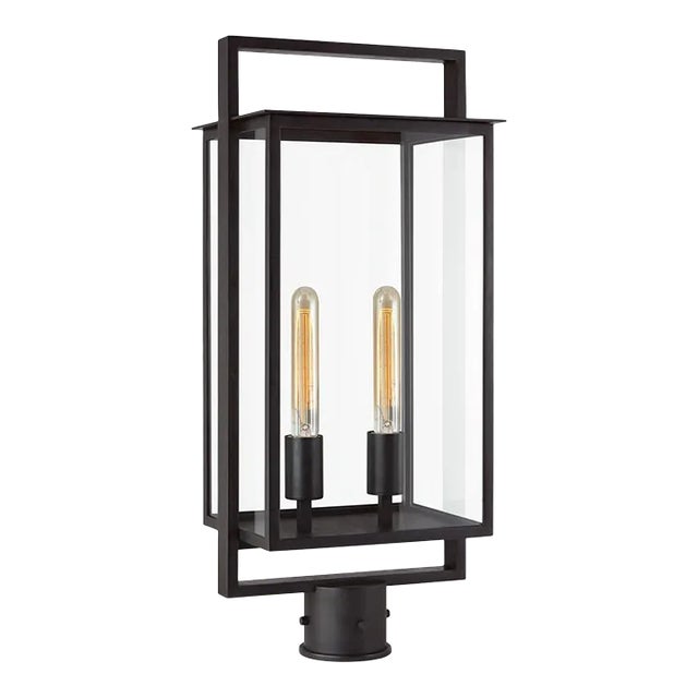 Ian K. Fowler for Visual Comfort Signature Halle Medium Post Lantern in Aged Iron with Clear Glass For Sale