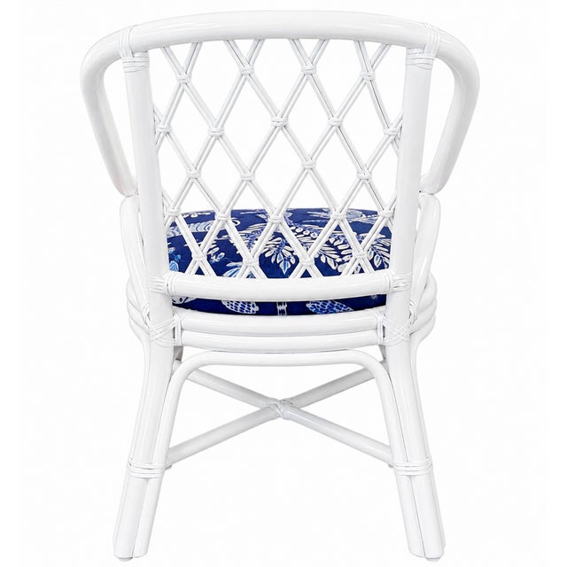 Mid 20th Century Vintage Lacquered Diamond Rattan Arm Chairs in Thibaut Goa Fabric For Sale - Image 5 of 9