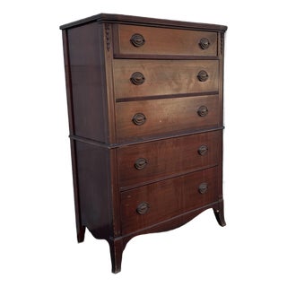 Vintage Tall Mahogany Dresser | Highboy Chest | Colonial Style Bedroom Chest | Five Drawer Dresser | Classic Dark Wood Storage Cabinet For Sale