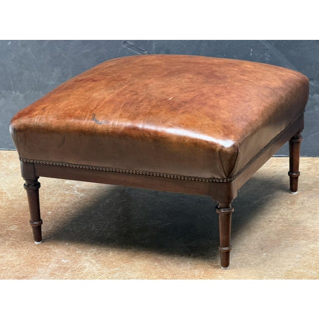 19th Century French Leather Ottoman Seat or Stool on Turned Walnut Frame For Sale - Image 5 of 11
