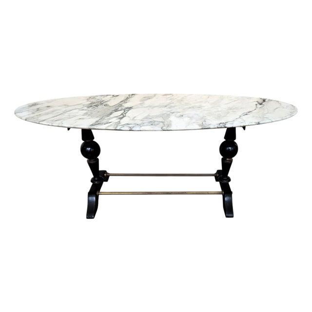 Mid-Century Modern Italian Coffee Table in Carved Walnut with Oval White Marble Top, 1950s For Sale