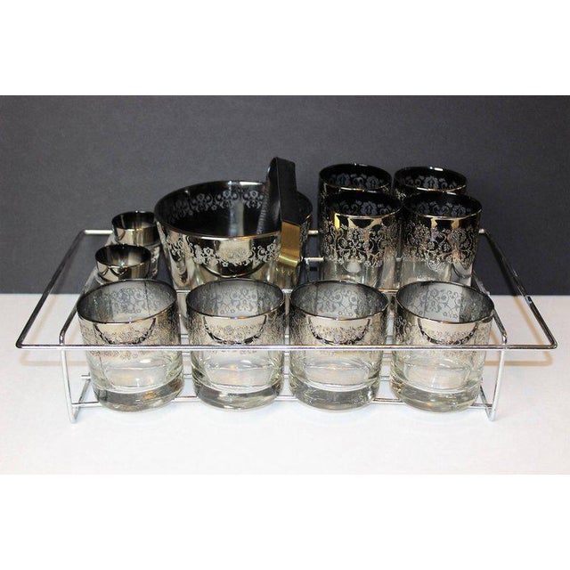 Mid Century Silver Fade Glasses With Silver Metal Filigree Overlay, in Chrome Carrier - 13 Pieces For Sale - Image 11 of 11