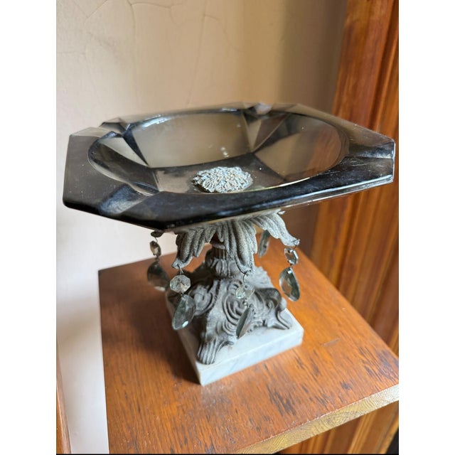1950s Hollywood Regency Pedestal Centerpiece Bowl, Smoky Glass Ashtray With Marble Base For Sale In New York - Image 6 of 15