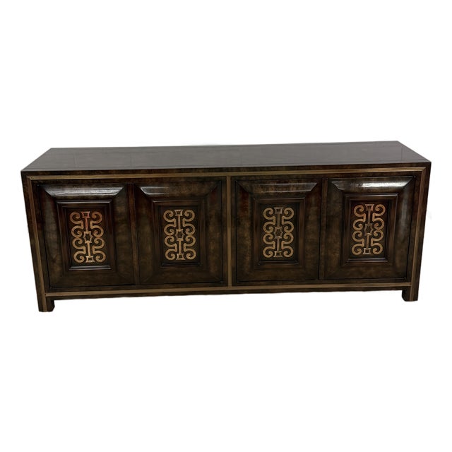 1970's Burled Carpathian Elm and Brass Credenza From Mastercraft For Sale