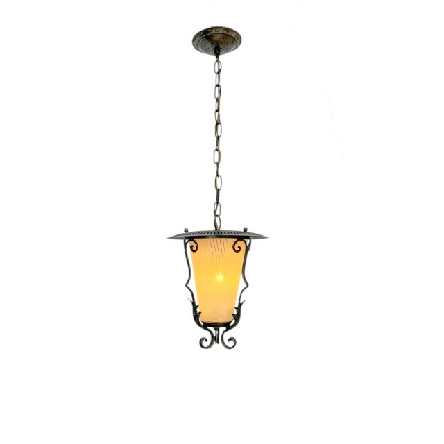 Mid-Century Modern Lantern Pendant Lamp in Wrought Iron and Glass, 1950s For Sale - Image 3 of 13