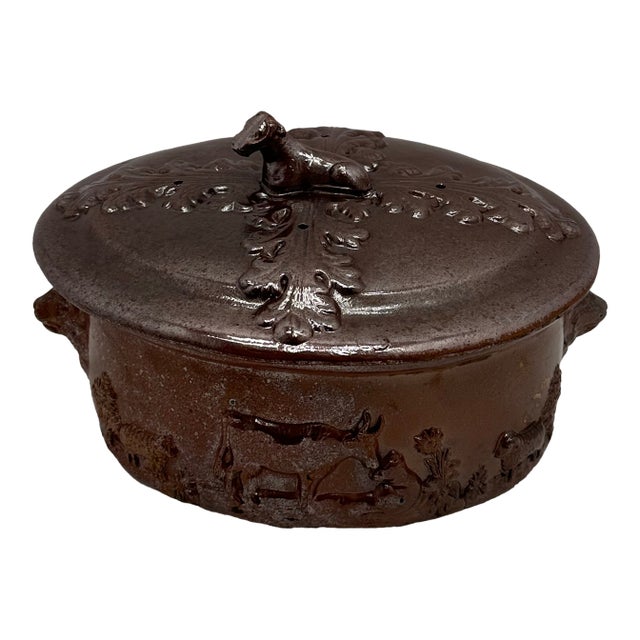 Very Rare Antique English Brown Salt Glaze Stoneware Game Pie Dish - "Terrine" - Circa 18th Century For Sale