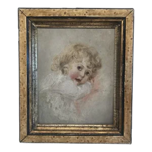 19th Century Beautiful Painting on Board of Child: Faux Painted Frame