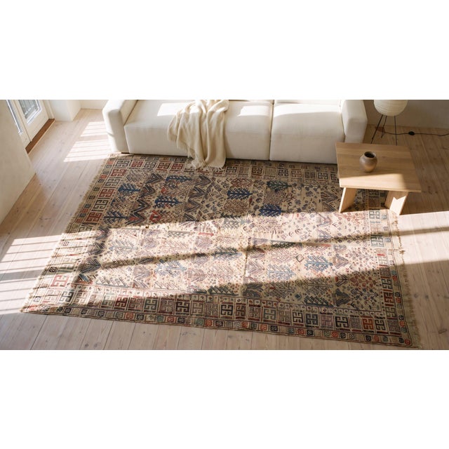 Textile 1900s Ivory Geometric Kilim Antique Caucasian Verneh Rug 5' 10" X 5' 10" Flatweave Wool Carpet For Sale - Image 7 of 9