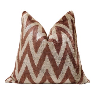 The Rust & Cream Chevron Ikat Silk Velvet Pillow - 20" X 20" For Sale