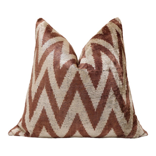 The Rust & Cream Chevron Ikat Silk Velvet Pillow - 20" X 20" For Sale