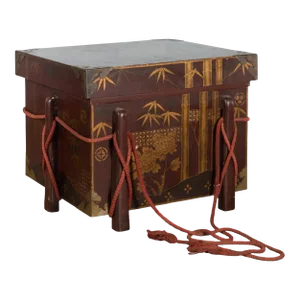 Japanese Vintage Wedding Chest with Brown Lacquer and Hand-Painted Décor