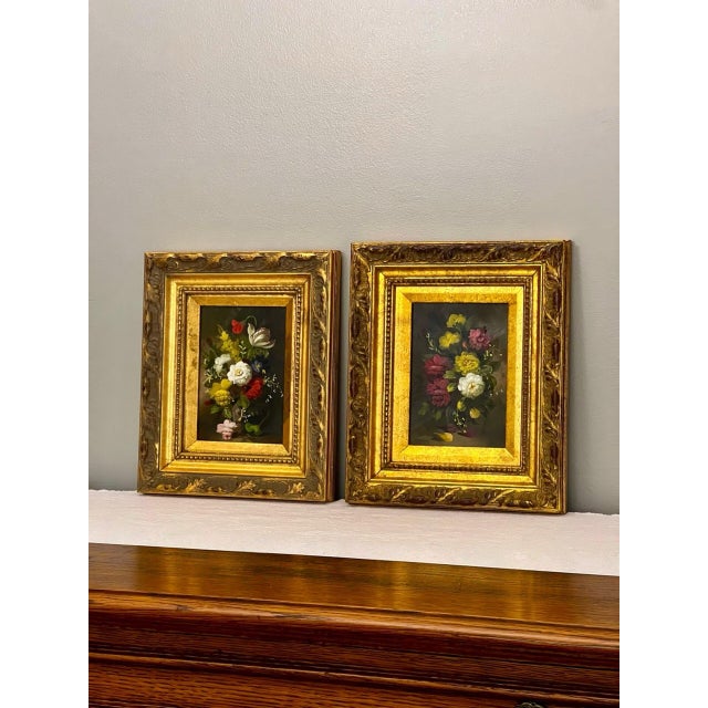 Pair of 20th Century Oil on Board Floral Still Life Paintings in Giltwood Frames For Sale - Image 11 of 12