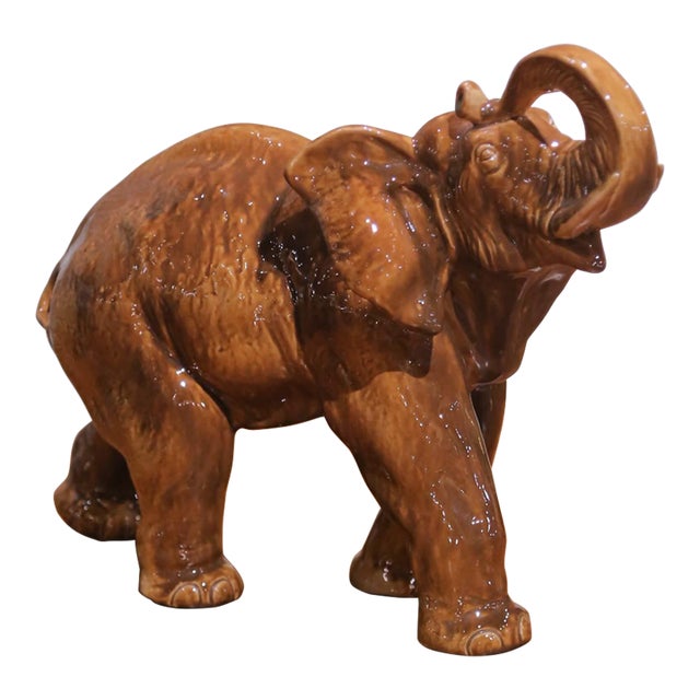 Mid-Century Italian Glazed Ceramic Elephant Sculpture With Raised Trunk For Sale