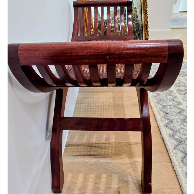 Vintage Roman-Style Mahogany Curule Bench With Hand-Caned Seat, 32" For Sale - Image 4 of 12
