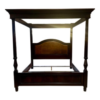 Ralph Lauren King Size Mahogany Canopy Bed With Leather Headboard For Sale