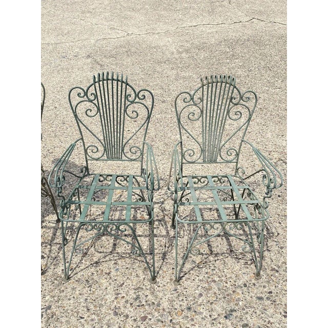 Neoclassical Vintage Neoclassical Style Green Wrought Iron Lyre Harp Garden Chairs - Set of 4 For Sale - Image 3 of 12