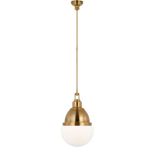Amber Lewis for Visual Comfort Signature Bernard 14" Pendant in Hand-Rubbed Antique Brass with White Glass For Sale