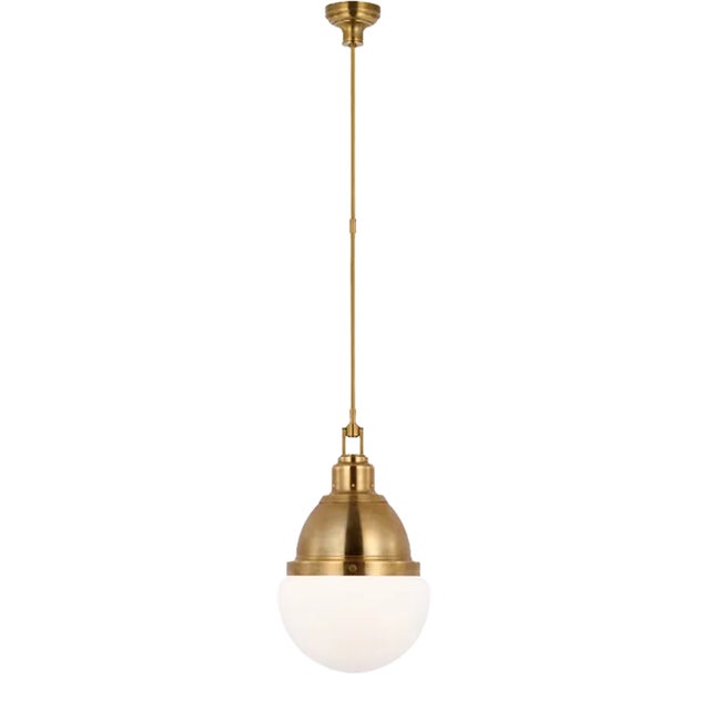Amber Lewis for Visual Comfort Signature Bernard 14" Pendant in Hand-Rubbed Antique Brass with White Glass For Sale