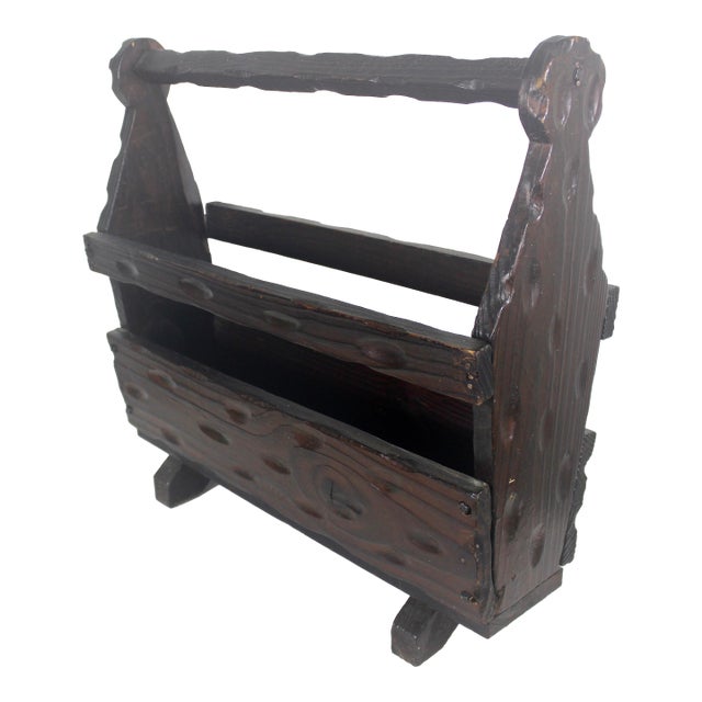 1960s Solid Wood Spanish Brutalist Magazine Rack Holder Revival For Sale