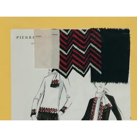 Fabulous, original Pierre Balmain couture fashion plate with (3) fabric swatches atatched designed for New York society...