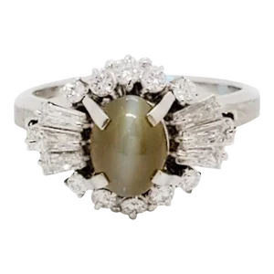 Cat's Eye Chrysoberyl Oval Cabochon and White Diamond Cocktail Ring, size 6.5