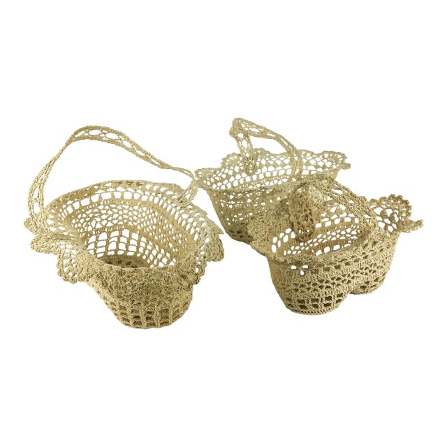 Vintage Artisan Hand Woven Stacking Baskets Miniature Set of 3 For Sale