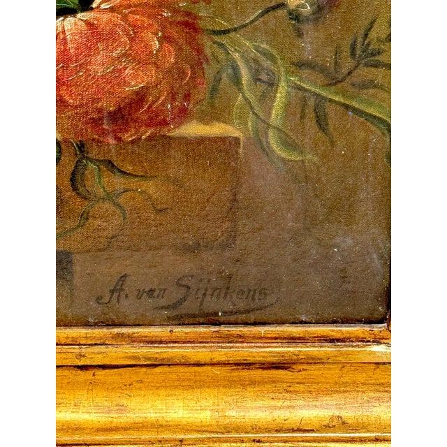 Antique Dutch Floral Still Life Signed “A. van Sijnkens”, 19th C or Older For Sale - Image 9 of 13