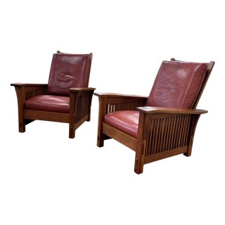 Stickley Spindle Reclining Leather Morris Chairs, a Pair For Sale