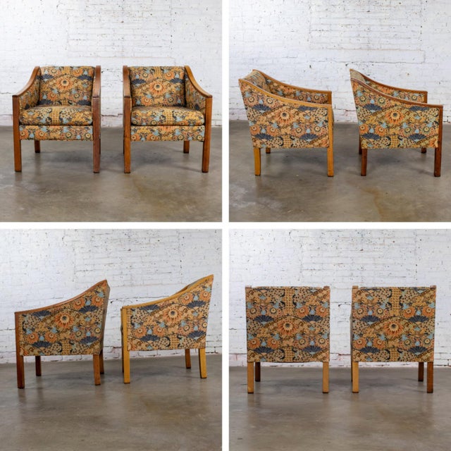 Brown Mid-20th Century Mid Century Modern Pair Chairs With Oak Frames and Floral Fabric For Sale - Image 8 of 18