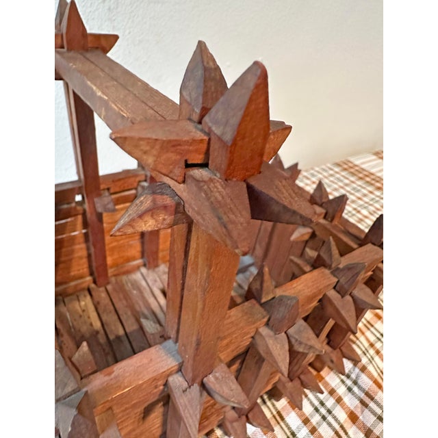 Antique Tramp Art Crown of Thorns Wooden Basket With Handle For Sale - Image 4 of 8