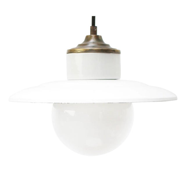 Vintage White Enamel, Opaline Glass, Porcelain & Brass Pendant Lamp For Sale